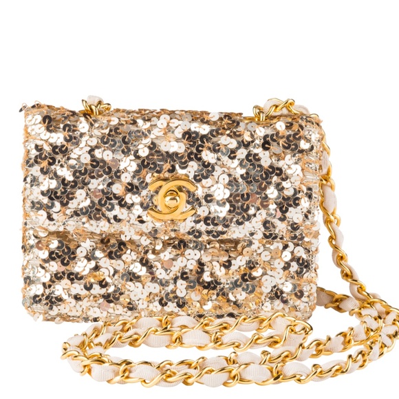 CHANEL CLASSIC FLAP RARE MICRO MINI VINTAGE GOLD SEQUIN & MICROFIBER CROSSBODY - Picture 6 of 8